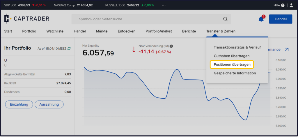 Ein Screenshot der CapTrader-Benutzeroberfläche mit einer Depotübersicht mit einem Diagramm der Anlageleistung, verschiedenen Kontodetails und Optionen für die Kontoverwaltung, die in der oberen rechten Ecke hervorgehoben sind.