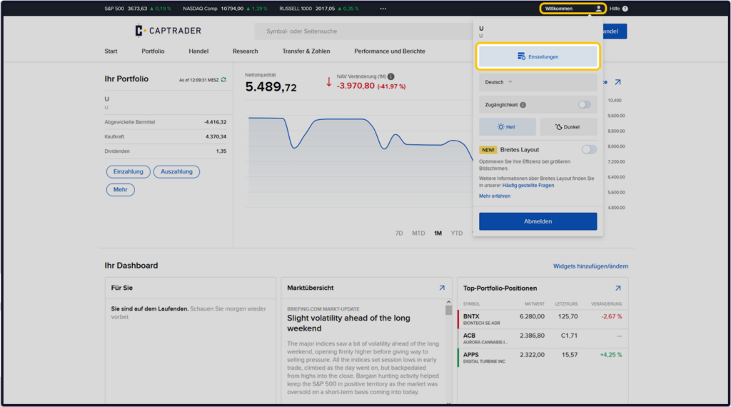 Screenshot eines Finanzhandels-Dashboards mit Grafiken, Portfoliostatistiken, einer Handelsbeobachtungsliste und Kontodetails.