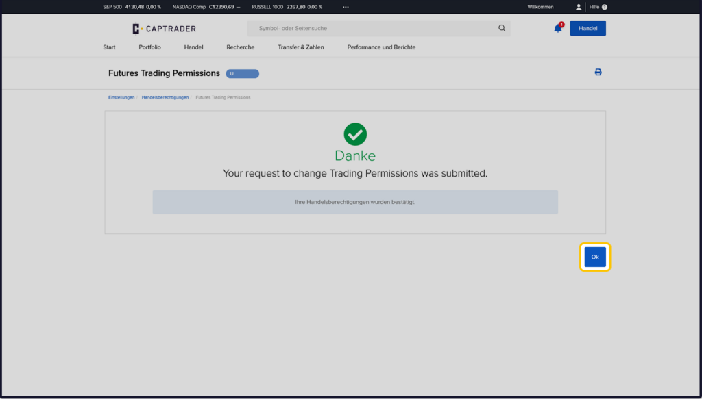 Screenshot of a trading platform interface showing that a request to change trading authorization has been successfully submitted.