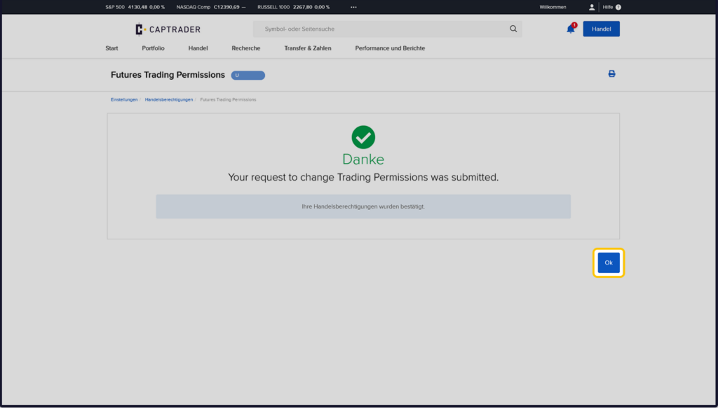 Screenshot eines Handelsplattform-Interfaces, der anzeigt, dass ein Antrag auf Änderung der Handelsberechtigung erfolgreich eingereicht wurde.