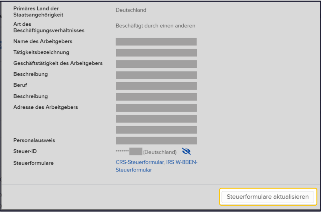 German W8 form with fields for personal and professional information, with the "Update Tax Forms" button at the bottom.