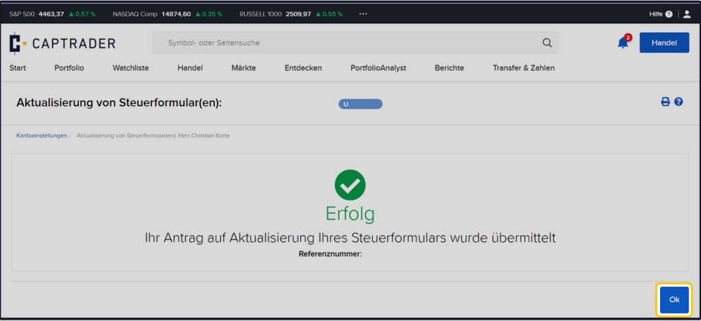 Website-Oberfläche mit einer erfolgreichen Übermittlungsmeldung für ein W8-Formular-Update auf Deutsch, mit einer „OK“-Schaltfläche zur Bestätigung.