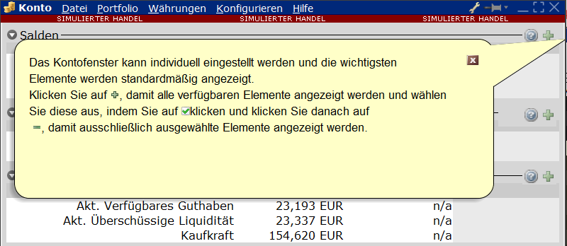 Screenshot einer deutschen Softwareschnittstelle, die über einer Finanzanwendung im Kontofenster ein Informationsdialogfeld mit Kontostanddetails anzeigt.