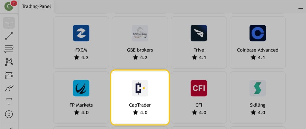 Ein digitales Handelsfeld zeigt acht Brokersymbole an, die jeweils mit einer Bewertung versehen sind; CapTrader, das mit 4,0 bewertet wurde, ist in dieser Handelsansicht mit einem gelben Rahmen hervorgehoben.