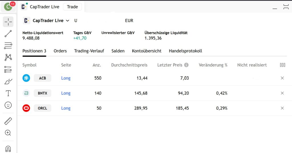 Screenshot einer Trading View-Plattform, die drei offene Long-Positionen in ACB-, BNTX- und ORCL-Aktien anzeigt, einschließlich ihrer Preise, Mengen und prozentualen Veränderungen.