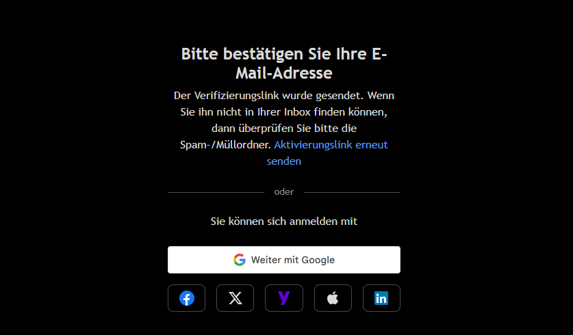Screenshot einer deutschen E-Mail-Verifizierungsseite, die den Nutzer auffordert, seine E-Mail-Adresse zu bestätigen, mit der Option, den Aktivierungslink erneut zu senden oder sich über die Social-Media-Dienste Trading View und CapTrader anzumelden.