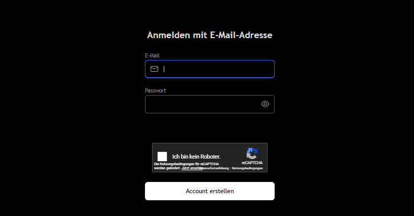 Ein deutschsprachiges Anmeldeformular für Trading View und CapTrader mit E-Mail- und Passwort-Feldern, einem reCAPTCHA-Kontrollkästchen und einer weißen Schaltfläche "Konto erstellen" auf schwarzem Hintergrund.