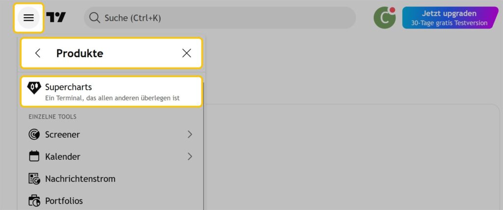 Ein deutschsprachiges Menü in der Seitenleiste der Website ist geöffnet und zeigt Produktoptionen wie Supercharts, Screener, Kalender und Nachrichtenstrom - perfekt für die effiziente Verwaltung Ihrer Trading View- oder CapTrader-Aktivitäten.
