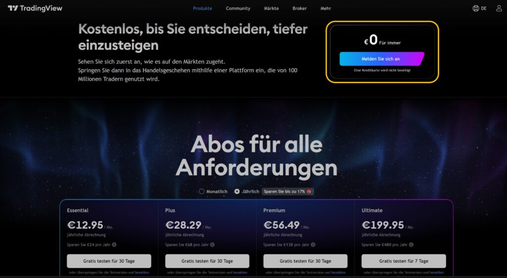 Screenshot der TradingView-Preisseite in deutscher Sprache mit Abonnementoptionen und einem hervorgehobenen Angebot für ein kostenloses TradingView-Konto für 0 € pro Monat - perfekt für CapTrader-Nutzer, die leistungsstarke Charting-Tools suchen.
