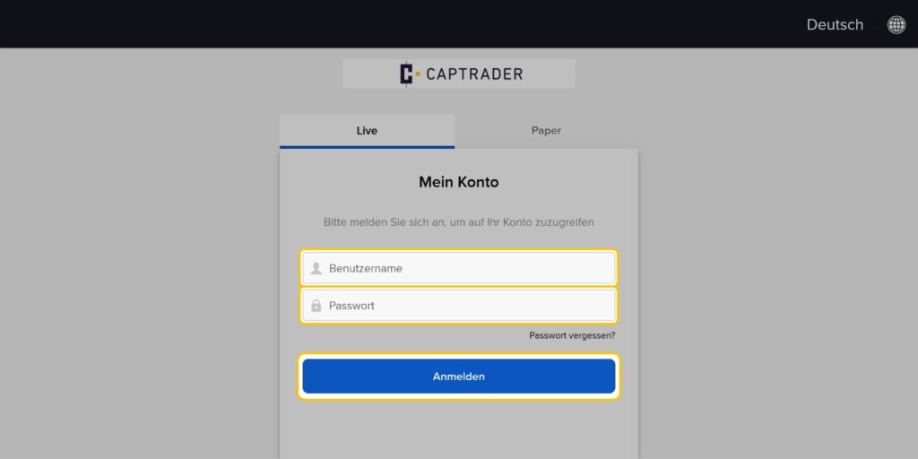Screenshot der CapTrader-Anmeldeseite in deutscher Sprache mit Feldern für Benutzername und Passwort, einem Link "Passwort vergessen?" und einer blauen Schaltfläche "Anmelden" - perfekt für den schnellen Zugriff auf Ihre CapTrader- oder Trading View-Konten.