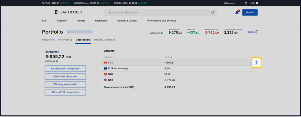 Ein Screenshot, der ein Finanz-Dashboard mit Portfolioinformationen, einschließlich Leistungskennzahlen, Kontostand und Kontoverwaltungsoptionen, auf einer Computerschnittstelle zeigt.