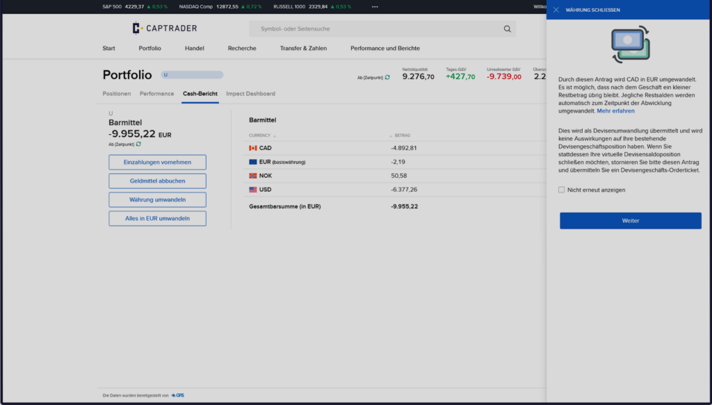 Ein Screenshot eines Finanz-Dashboards mit Portfolio-Leistungsmetriken, Fremdwährungen und einer Benachrichtigung über ein Verbindungsproblem mit dem Dokumentenscanner.