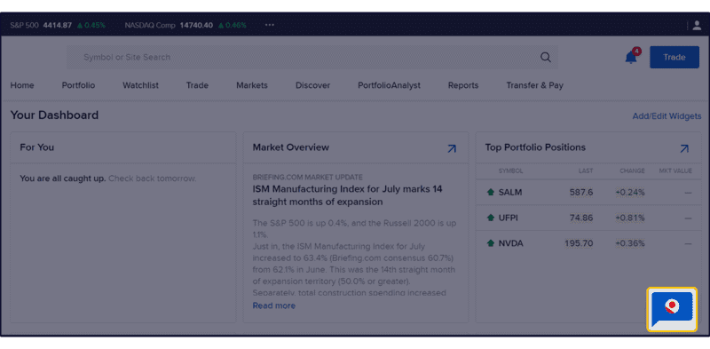 Screenshot of a financial dashboard with market overview, portfolio positions and navigation options for account management, with a highlighted location icon in the bottom right corner.