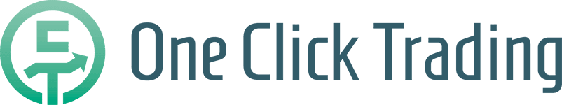 Logo für One Click Trading mit einem stilisierten "E" und einem Pfeil innerhalb eines türkisfarbenen Kreises, mit dem Namen One Click Trading in blauer Schrift rechts daneben.