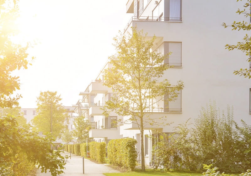 Modern white apartment buildings with balconies, trees and shrubs line a sunlit sidewalk on a bright day, offering residents tradable products in nearby stores.