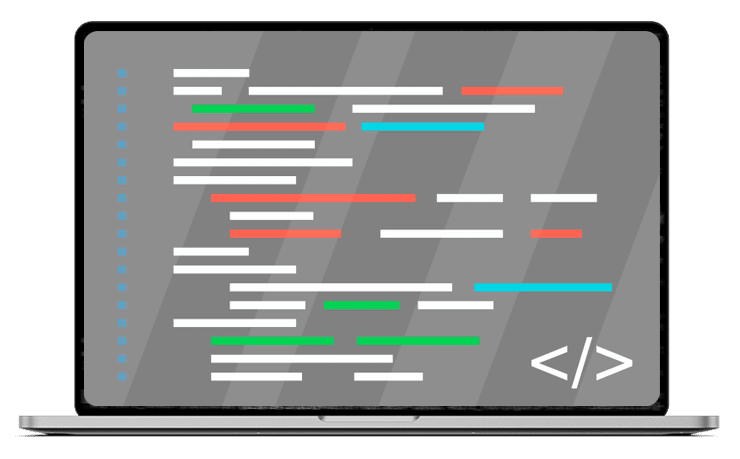 A laptop with colorful lines of code displayed on the screen, with a pair of square brackets in the bottom right corner representing coding on different platforms.
