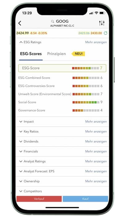 Smartphone-Bildschirm mit ESG-Bewertungen und Finanzkennzahlen für Alphabet Inc. (GOOG) in einer Handels-App, die eine ESG-Bewertung von 7 von 10 auf der Oberfläche der Finanz-App anzeigt.