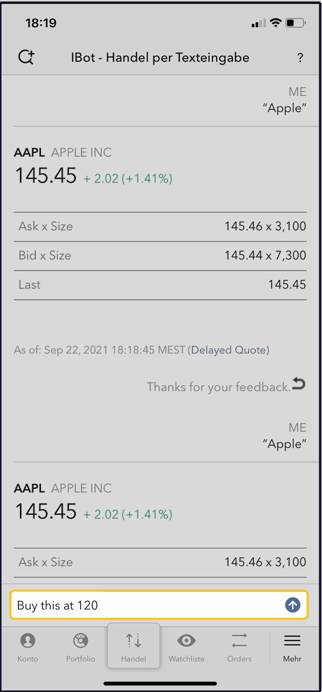 Screenshot einer Aktienhandels-App, die den Aktienkurs von Apple Inc. (AAPL) bei 145,45 anzeigt, wobei unten ein Eingabefeld mit der Aufschrift "Buy this at 120" hervorgehoben ist.