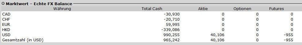 Tabelle mit Devisensaldo: negative Salden in CAD, CHF, HKD; positive in EUR und USD. Die Summe in USD beträgt 990.255; die Gesamtsumme wird mit 965.242 USD angegeben. Spalten für Aktien, Optionen, Futures. Geld einzahlen, um Ihr Konto nach Bedarf anzupassen.