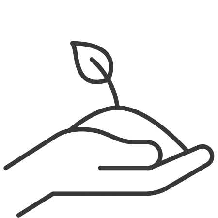 Simple line drawing of a hand holding soil with a small sprouting plant, symbolizing sustainable investing, on a solid yellow background.