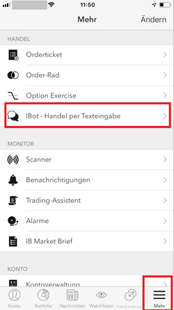 Screenshot of the menu of a financial app in German, highlighting the "IBot - Trade by text input" option under the "Trading" section alongside other functions such as account management.