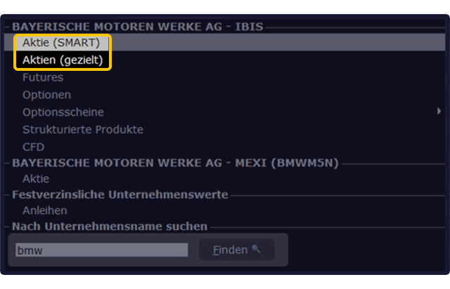 Ein Computerbildschirm zeigt ein Auswahlmenü mit Optionen für "Aktie (SMART)" und "Aktien (gezielt)" unter Verwendung von SmartRouting bei der Bayerische Motoren Werke AG in einer Finanzhandelsoberfläche.