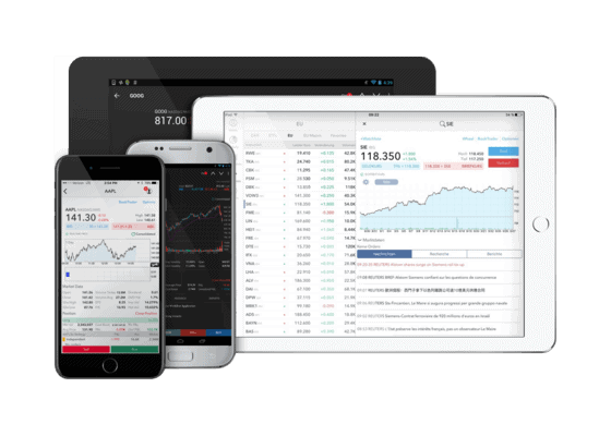 Mehrere Geräte, die Finanzdaten, Aktiencharts und eine Trading-App-Schnittstelle anzeigen, darunter ein Smartphone, ein Tablet und zwei weitere mobile Geräte.