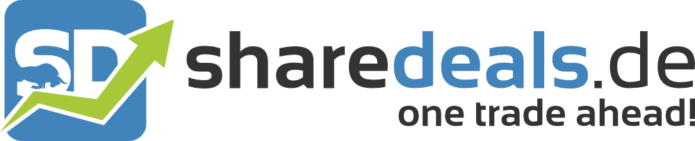 Logo für sharedeals.de mit dem Schriftzug "SD" mit grünem Pfeil und Stier-Symbol, begleitet von dem Text "sharedeals.de one trade ahead" in schwarzer und blauer Schrift.