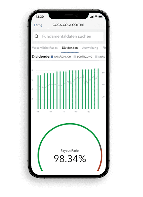 Auf einem Smartphone-Bildschirm wird eine Finanz-App mit den Dividenden-Daten von Coca-Cola angezeigt, darunter ein Balkendiagramm und eine Ausschüttungsquote von 98,34 %.