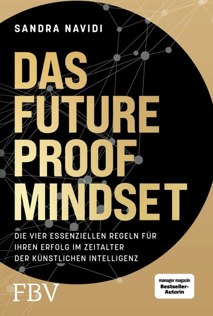 Das Buchcover von "Das Future-Proof Mindset" von Sandra Navidi zeigt ein schwarz-goldenes Design mit Netzgrafiken, die den deutschen Text über die Entwicklung eines Future-Proof Mindset für den Erfolg im Zeitalter der künstlichen Intelligenz hervorheben.