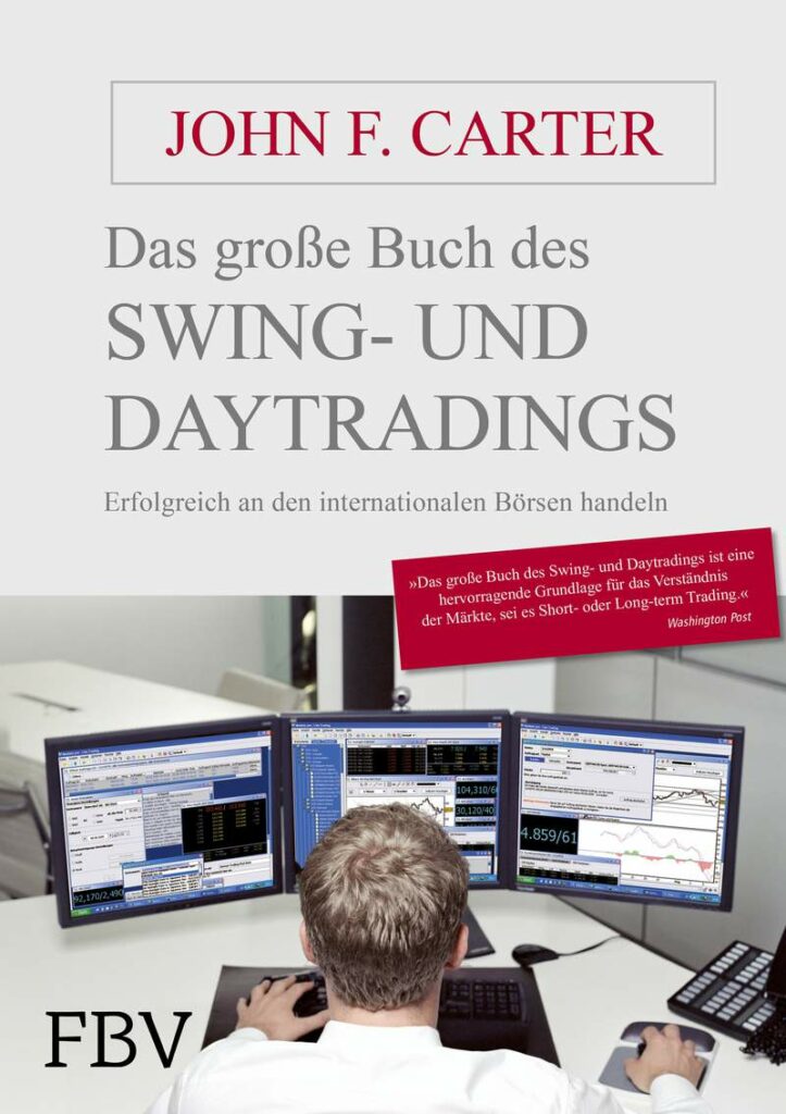 Das Cover von "Das große Buch des Swing- und Daytradings" von John F. Carter, einem Trading-Buch, zeigt eine Person, die auf mehreren Computerbildschirmen Finanzcharts analysiert.
