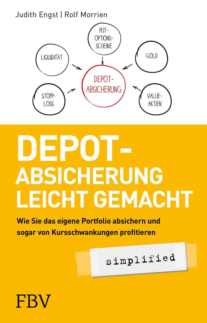 Buchumschlag mit dem Titel "Depot-Absicherung leicht gemacht", mit einer Grafik mit Anlagebegriffen und gelbem Hintergrund. Ideal für alle, die ihr Depot schützen und auf Vermögenssicherung setzen wollen. Autoren: Judith Engst, Rolf Morrien.