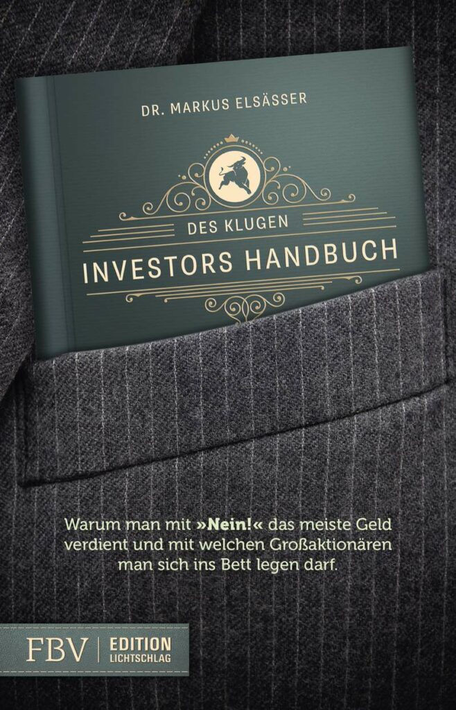 Ein Buch mit dem Titel "Des klugen Investors Handbuch" von Markus Elsässer, perfekt für alle, die sich für Investieren interessieren, steckt in der Tasche eines Nadelstreifen-Anzugjacketts.
