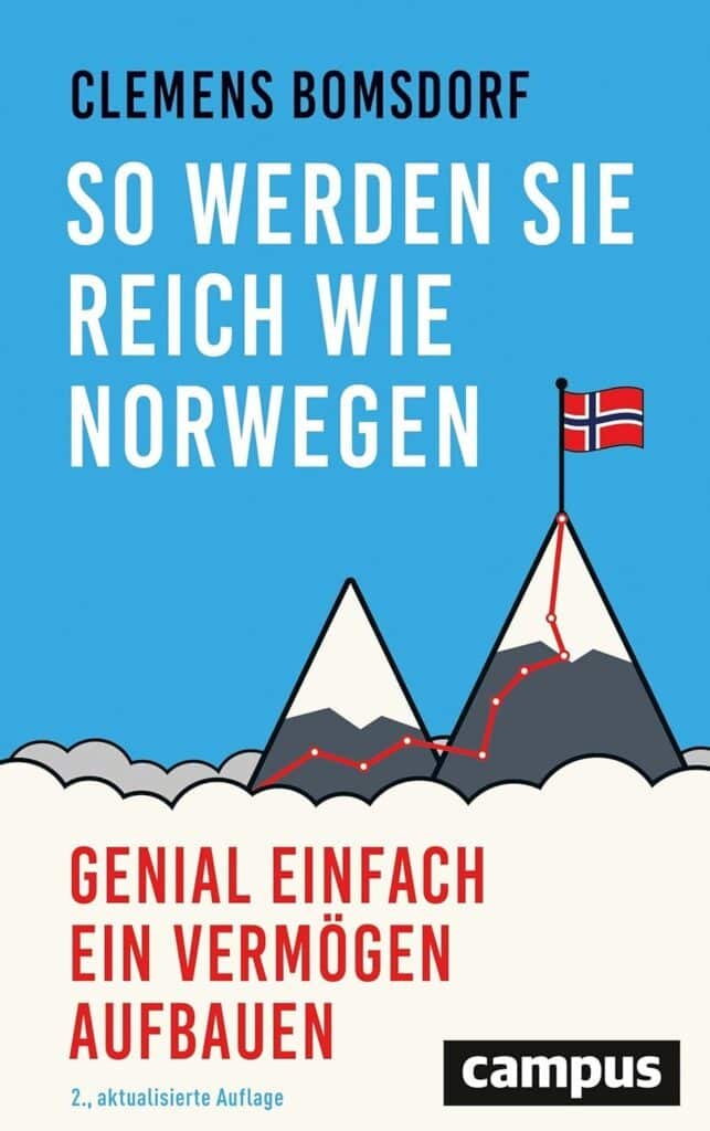 Buchumschlag mit Bergen, einer norwegischen Flagge auf einem Gipfel und Text: "So werden Sie reich wie Norwegen" von Clemens Bomsdorf, mit rotem Pfad - perfekt für alle, die neugierig sind, wie man in Norwegen reich werden kann.