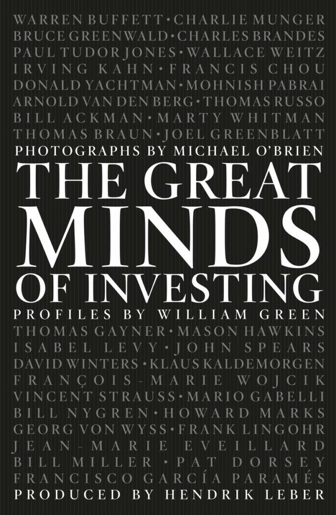 Buchumschlag für "The Great Minds of Investing" von William Green, mit den Namen großer Investoren und dem Titel in großer weißer Schrift auf schwarzem Hintergrund.