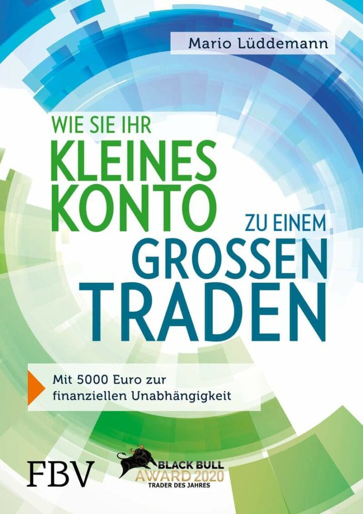 Cover des Buches „wie sie ihr kleines Konto zu einem großen traden“ von Mario Lüddemann, versehen mit einer Auszeichnungsplakette des fbv black bull award 2020