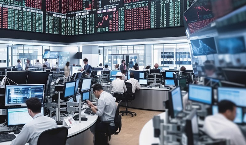 Ein geschäftiger Handelssaal mit Menschen, die an Computerstationen arbeiten, und großen elektronischen Börsentafeln, die über dem Kopf Daten anzeigen, darunter die neuesten Zahlen für den DAX-Wochenausblick.