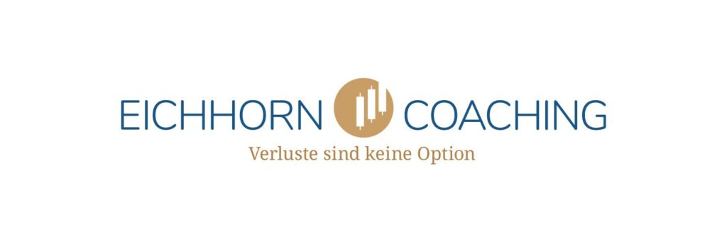 Eichhorn Coaching-Logo mit goldenem Kreis und weißem Candlestick-Chart-Symbol in der Mitte, das die Kompetenz als Online-Broker widerspiegelt; darunter der Text "Verluste sind keine Option.