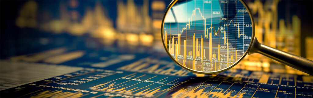 Ein Vergrößerungsglas fokussiert auf ein digitales Finanzdiagramm mit fluktuierenden gelben und blauen Graphen, die Salesforce Quartalszahlen und wichtige Datenpunkte aus Q3 2024 hervorheben.