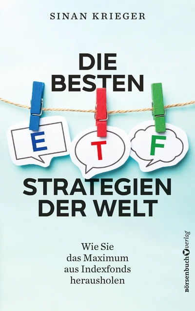 Cover des Buches „die besten etfs der welt“ von Sinan Krüeger, auf dem mit Wäscheklammern an einer Leine befestigte Sprechblasen ein Gespräch über ETF-Strategien symbolisieren