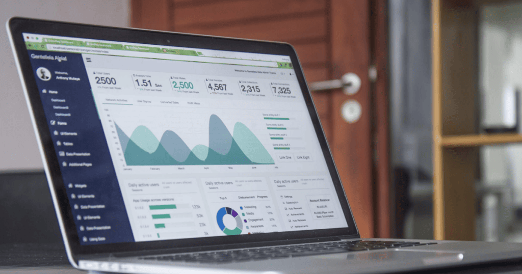 A laptop that displays an analytics dashboard with charts, graphs, short sale data and website performance metrics on the screen.