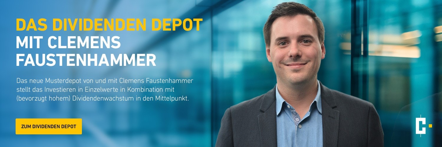 Neben einem Werbetext für „Das Dividenden Depot“ steht ein Mann im Anzug mit Clemens Faustenhammer. Unten links befindet sich ein Button mit der Aufschrift „Zum Dividenden Depot“.