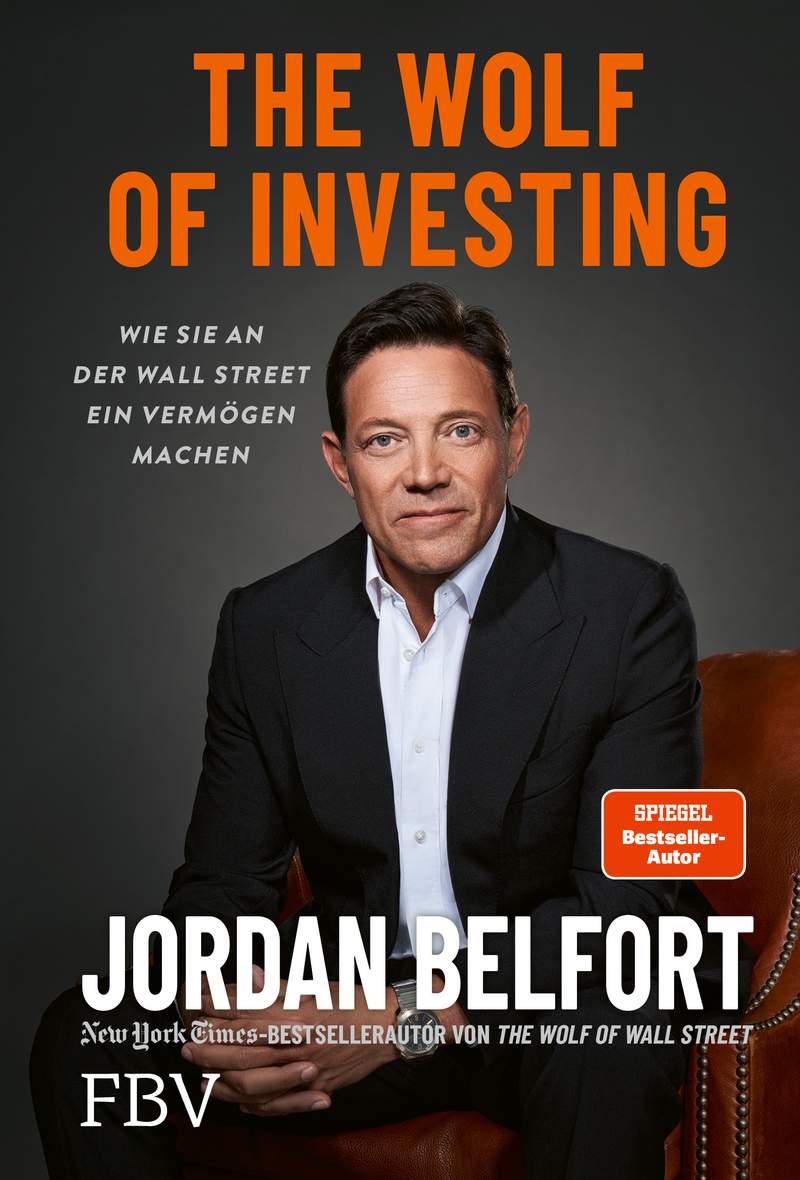 Buchcover von „The Wolf of Investing“ mit einem Porträt von Jordan Belfort im Anzug, mit Text und Logos zum Aktienhandel, was das Buch als Bestseller ausweist.