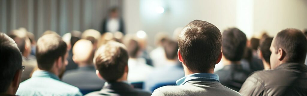 Ein Publikum verfolgt eine Präsentation in einem schwach beleuchteten Raum und konzentriert sich auf einen Redner in der ersten Reihe, der im Hintergrund unscharf zu sehen ist.