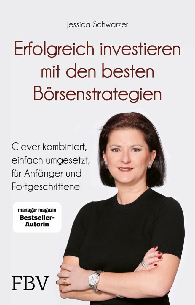 Buchcover mit einer lächelnden Frau mit verschränkten Armen. Der Text auf Deutsch lautet: „Erfolgreich investieren mit den besten Börsenstrategien“, zusammen mit einem beschreibenden Text über clevere und einfache Anlagestrategien für erfolgreiches Investieren.