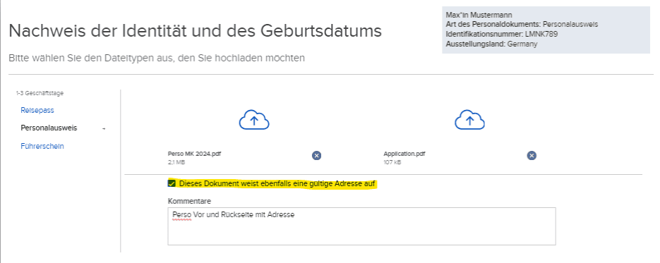 Screenshot einer Seite zur Identitätsüberprüfung auf Deutsch. Der hervorgehobene Text bestätigt, dass das Dokument eine gültige Adresse hat. Auf der rechten Seite werden verschiedene persönliche Daten angezeigt, wie Name, Identifikationsnummer und Nationalität.
