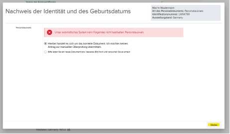 Screenshot einer deutschen Identitätsüberprüfungsseite, die einen Fehler bei der automatischen Systemverarbeitung eines Reisepasses anzeigt. Der Benutzer wird aufgefordert, ein korrektes Dokument bereitzustellen oder zur manuellen Verarbeitung zu wechseln.