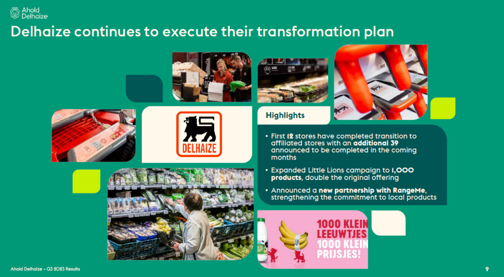 Ahold Delhaize's transformation plan: 167 stores have been converted, with 39 more to follow. The benefits include 1,000 new products, a partnership with RangeMe and a Little Lions campaign with 1,000 bananas as a prize.