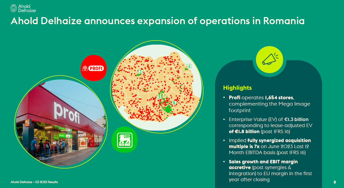 Ahold Delhaize announces its expansion in Romania with key highlights on Profi's operations, financials and growth strategies. A map of the store locations and a picture of a Profi store are displayed.