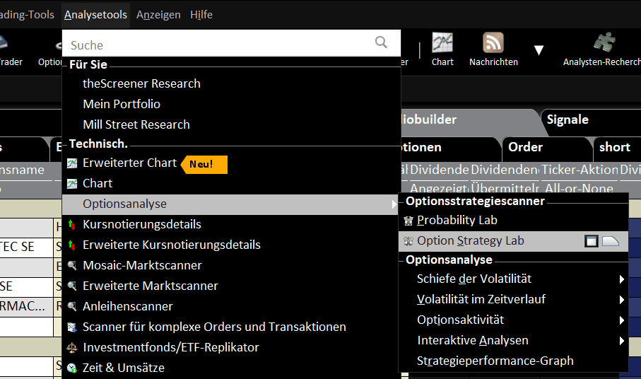 Drop-down menu with financial analysis options, such as "Option Analysis", "Probability Lab" and "Option Strategy Scanner", focusing on option strategies, all highlighted on an elegant software interface.